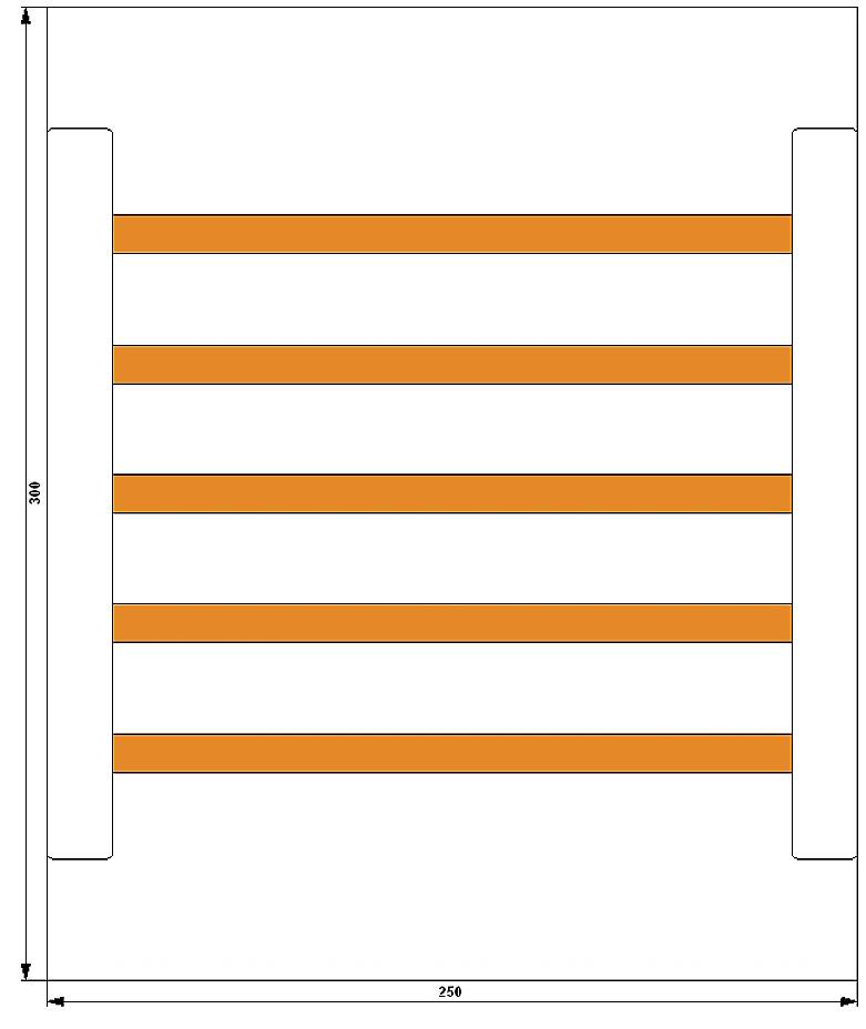 'Top view of a rectangle with five parallel orange bars inside. Labelled with 350 height and 250 width.'