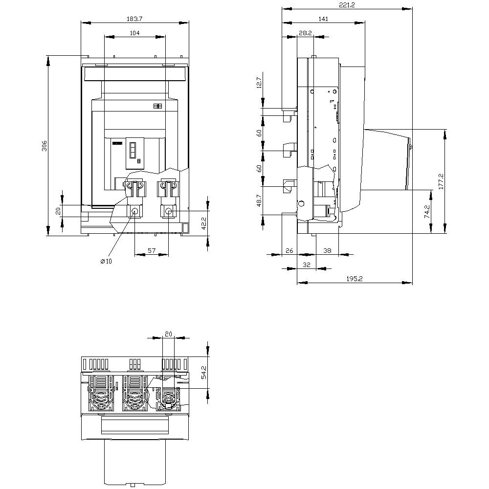 'Technical drawing of an electrical switch showing front, side, and top views. Includes detailed dimensions and connections.'