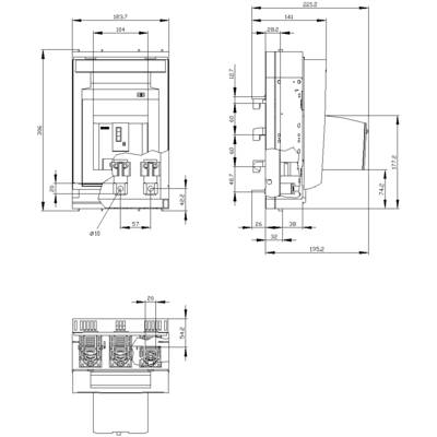 'Technical drawing of an electrical switch showing front, side, and top views. Includes detailed dimensions and connections.'
