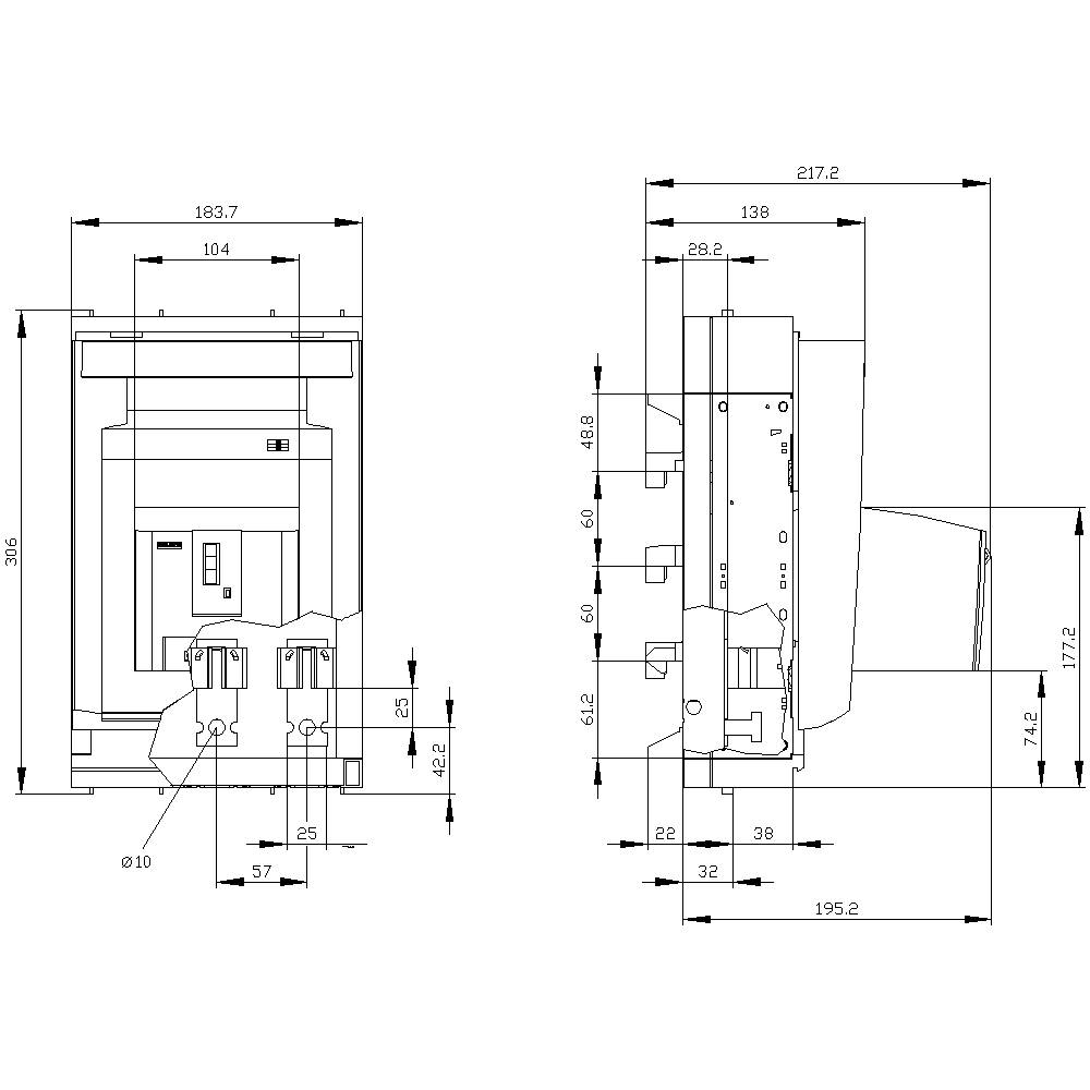 Technical drawing of an electrical switch with dimensions in millimetres. Front and side views include detailed measurements.