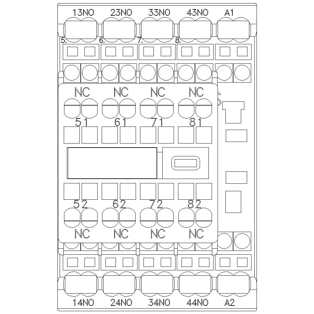Technical drawing of an electrical relay with multiple terminals, numbered from 13NO to 43NO and 14NO to 44NO. Circuit diagram illustrates the arrangement of contact points.