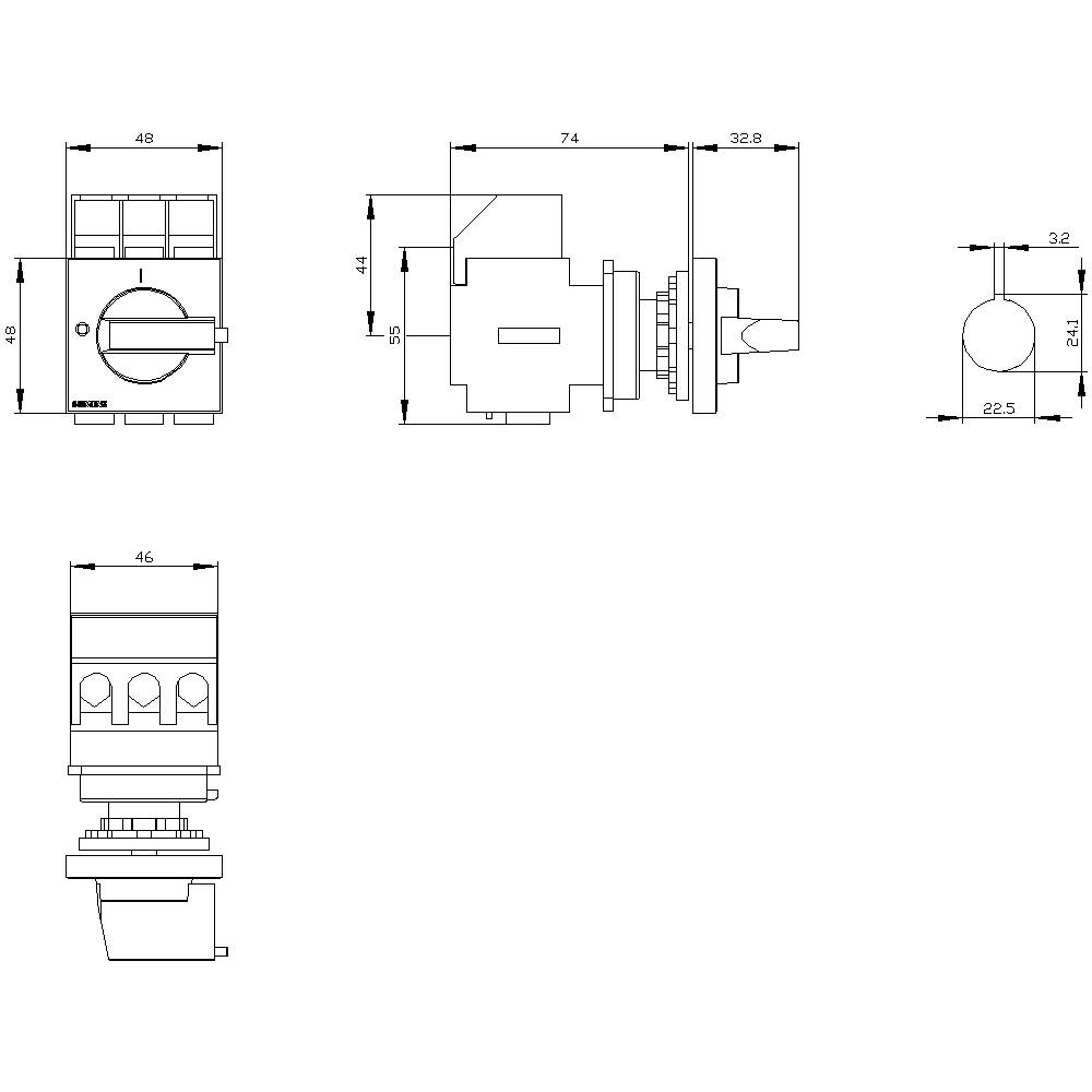 Technical drawing of a switch with multiple views, including front, side, and top view, with dimensions in millimetres.