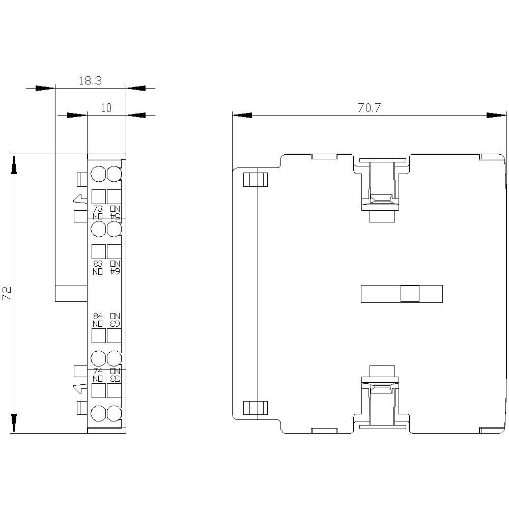 Technical drawing of a relay socket with dimensions: height 72 mm, width 18.3 mm, depth 70.7 mm. Shows connection terminals.