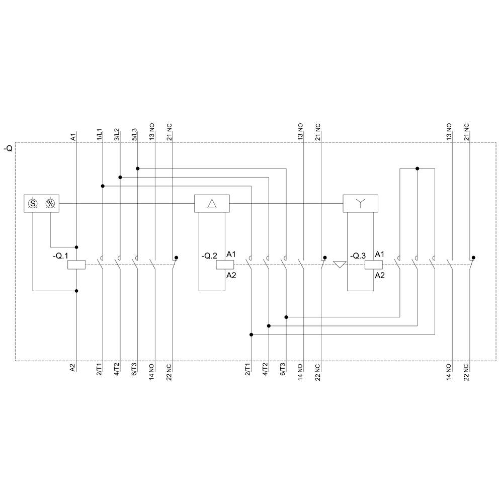 'Circuit diagram of an electrical system with switches, contacts, and motor controls for starting and stopping. Certain components are marked with symbols.'