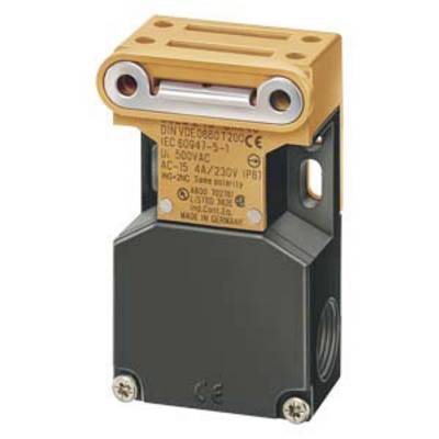 Switch housing with a yellow head and black base section, labelling shows electrical specifications and certifications.