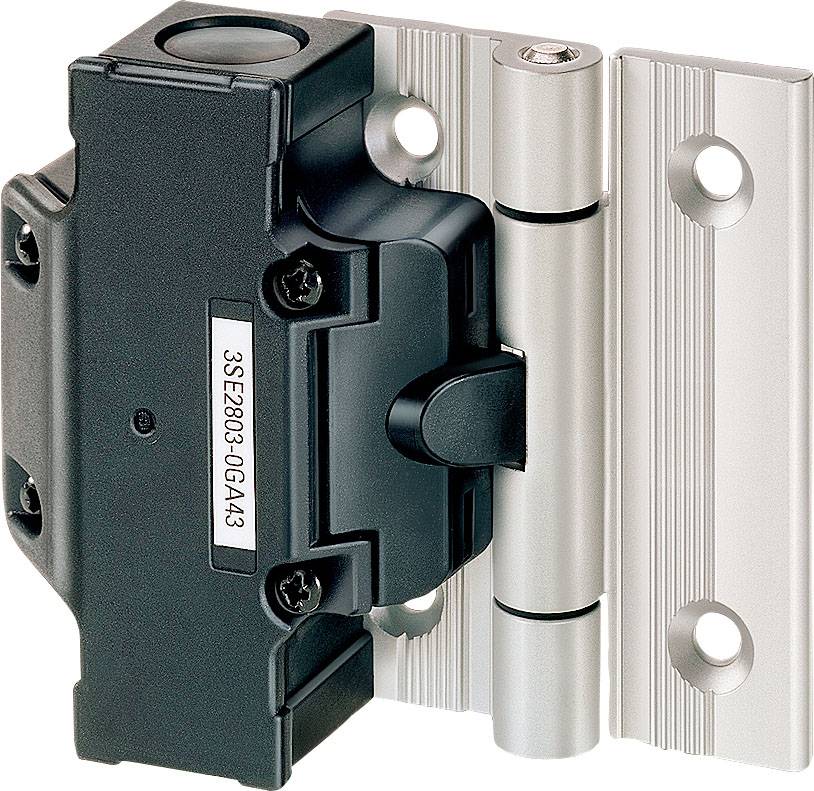 A metal hinge with an integrated safety switch. Ideal for industrial applications to secure movable safety guards.