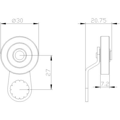 Technical drawing of a cylindrical component with dimensions: diameter 30 mm, height 20.75 mm, width 27 mm, side view with 7.2 mm depth.