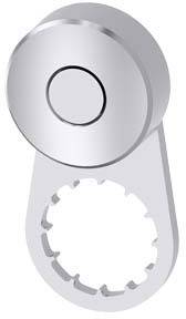 A silver, round metal element with a circle in the centre, attached to an oval ring with a serrated edge. Tech component.