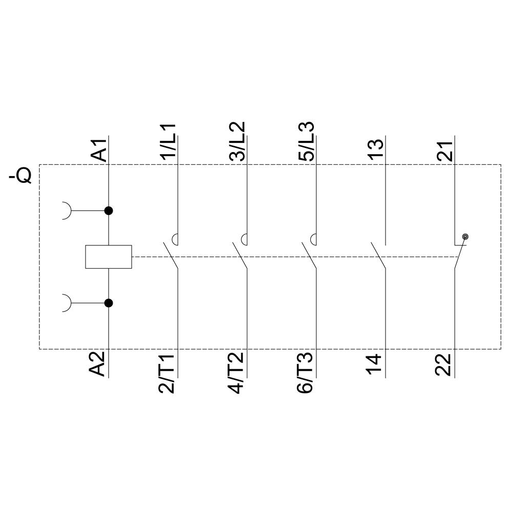 Circuit diagram of a three-phase motor protection switch, showing various contact positions and terminal designations A1, A2, 1 to 22.