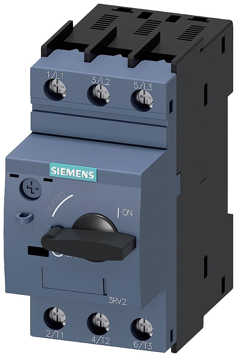 A blue Siemens electrical circuit breaker with switching button and connection terminals.