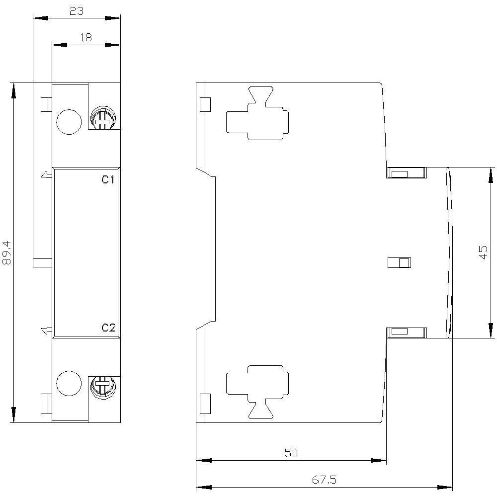 Technical drawing of an electronic component with dimensions in millimetres: height 84, width 67.5, depth 45. Clearly visible connection terminals C1 and C2.