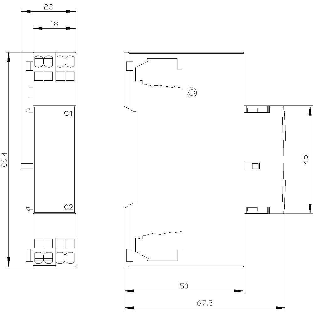 Technical drawing of an electrical component with front and side views, dimensions, and labels. Dimensions: 98.4 x 67.5 x 45 mm.