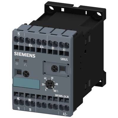 A grey Siemens time relay with switch, scale and connections. Model '3RP2005-2A.30'. Used for controlling electrical systems.