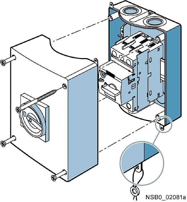 Technical exploded diagram of an electrical switch within an enclosure, with screws and connections, illustrating the assembly process.