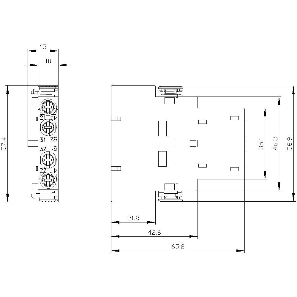 Technical drawing of an electrical component with dimensions in millimetres; shows front and side view.