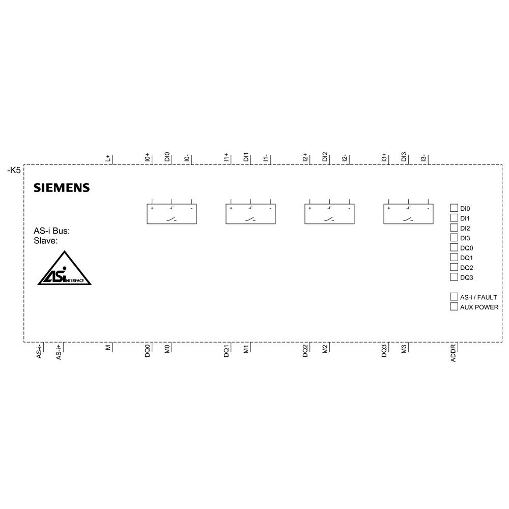 Image of a Siemens AS-i Bus Slave Circuit. Shows connections, switch positions and LEDs for DI0 to DO3 as well as status indicators.