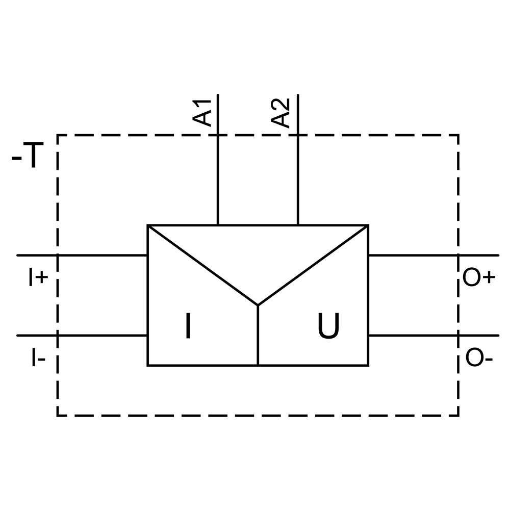 Diagram of an operational amplifier with inputs 'I+', 'I-', 'A1', 'A2' and outputs 'U+', 'U-'. Bordered by a dashed line.