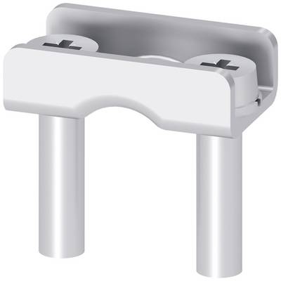 Metal fixing component with two screw holes and two cylindrical support feet, used for mounting or connection.