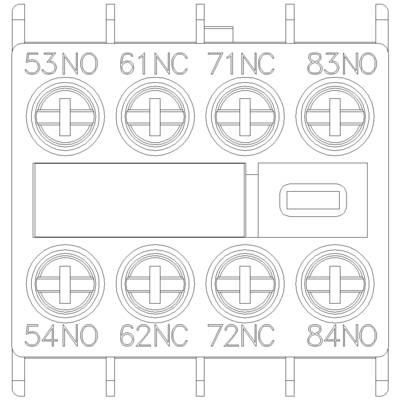 Electrical circuit with eight round terminals: numbers 53-83 at the top, 54-84 at the bottom. 'NO' and 'NC' labels for contacts.