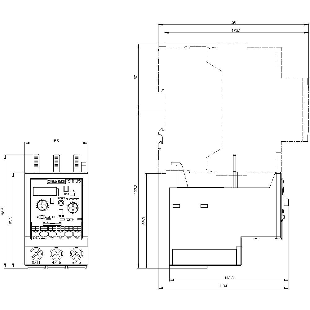 'Construction drawing of an electrical device with front and side view. Dimensions given in millimetres.'