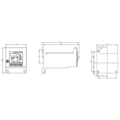 Technical drawing of an electrical device showing front, side, and top views. Includes specific dimensional specifications and construction details.