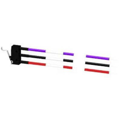 A jump obstacle with coloured poles (purple, black, white, red) in a show jumping course. Two sections: a fixed end and a floating pole.