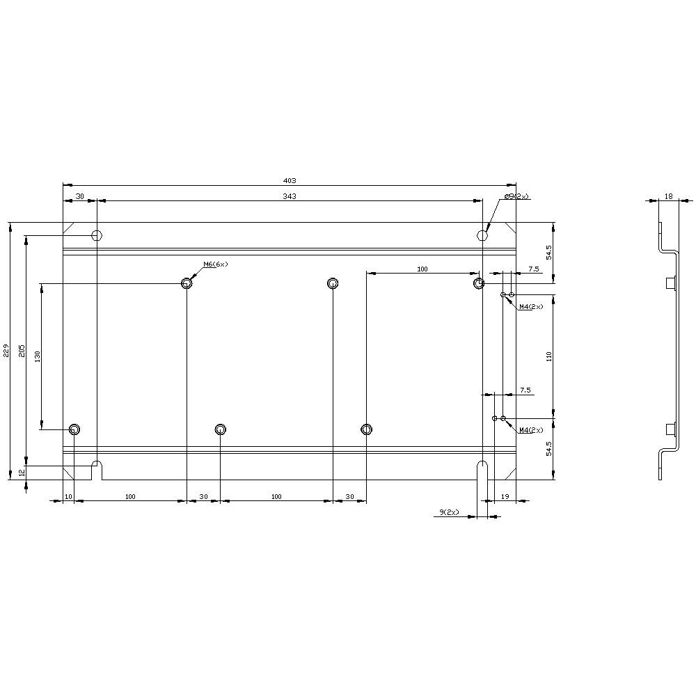 Technical drawing of a rectangular metal support system with various dimensions and mounting holes; side and front view.