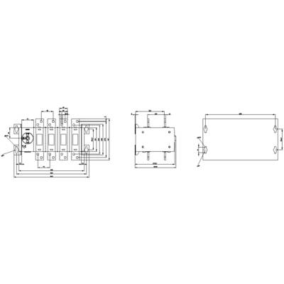 Technical drawing of a machine, with top view, side view and front view. Dimensions and specific details are noted.