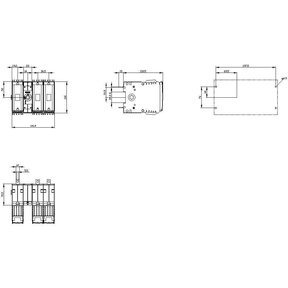 Technical drawing of an electrical switch. Representation of front, side, and top views with precise dimensions.