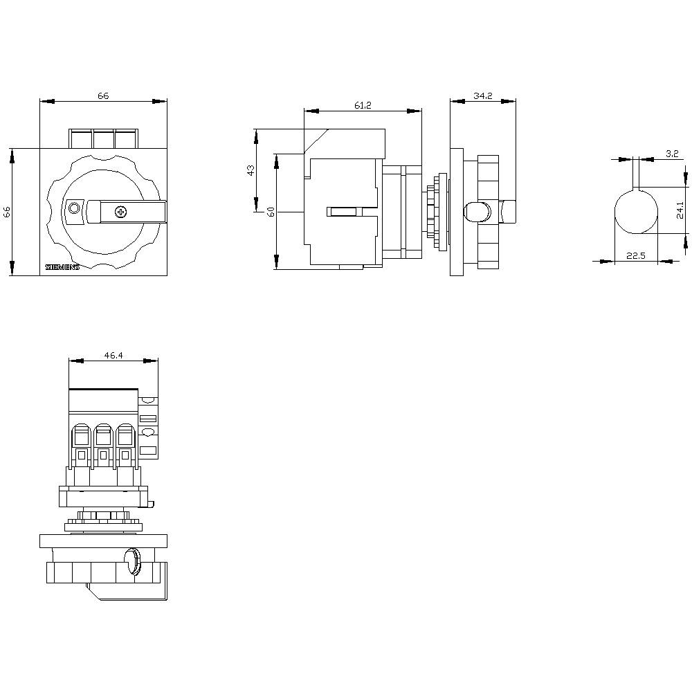Technical drawing of a component with dimensional specifications: Top view, side view, and front view, each with detailed measurements.
