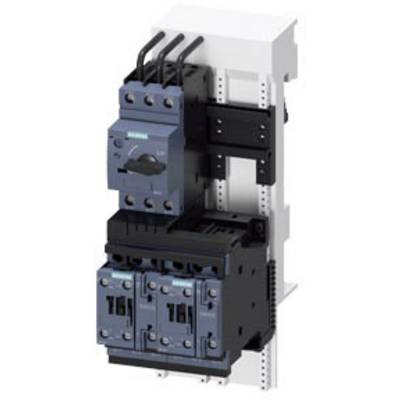 A control cabinet with a circuit breaker and two contactors, mounted on a metal plate. Cables are connected to the circuit breaker.
