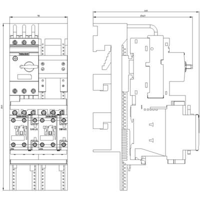 'Technical drawing of an electrical installation plan showing switch, circuit breakers and wiring, front and side view.'