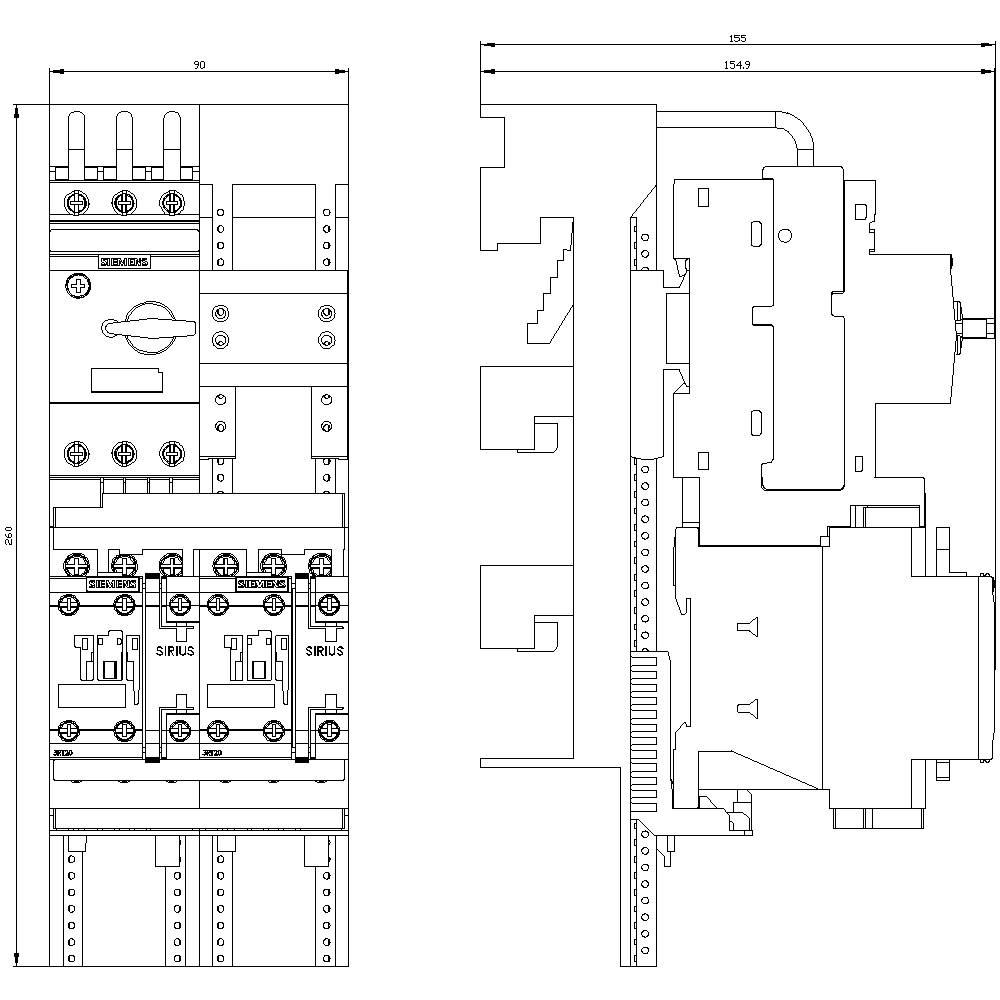 Technical drawing of an electrical control cabinet with detailed front and side views. Shows switches, connections, and dimensions.