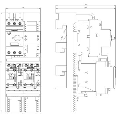 Technical drawing of an electrical control cabinet with detailed front and side views. Shows switches, connections, and dimensions.