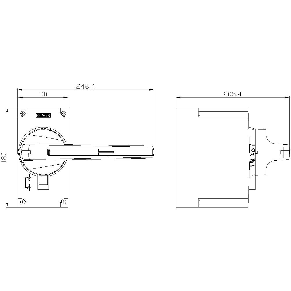 Technical drawing of a door handle with dimensions in millimetres: 246.4 mm length, 90 mm width, 180 mm height, side view shows depth of 205.4 mm.