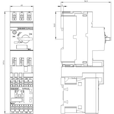 'Technical drawing of a Siemens SIRIUS device with switching components and dimensional specifications in millimetres. Front and side view.'