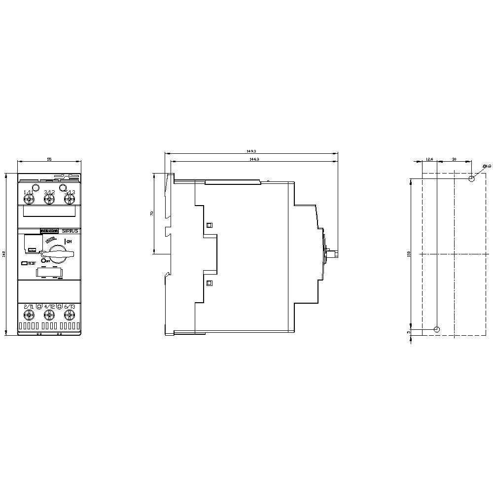 Technical drawing of an electrical device with front view, side view and dimensions shown in millimetres.