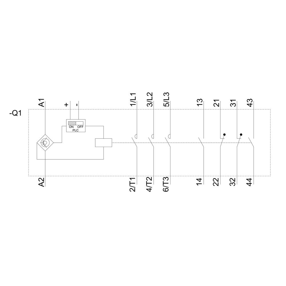Circuit diagram of a contactor with PLC control. Main terminals L1, L2, L3. Closing contacts 13, 23, 33. Normally open contacts 14, 24, 34.