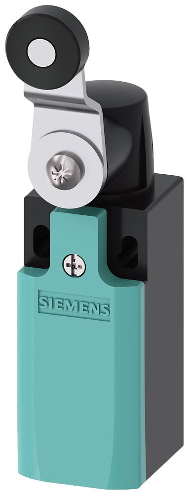 A turquoise position switch with a lever arm, marked with 'Siemens', against a white background.