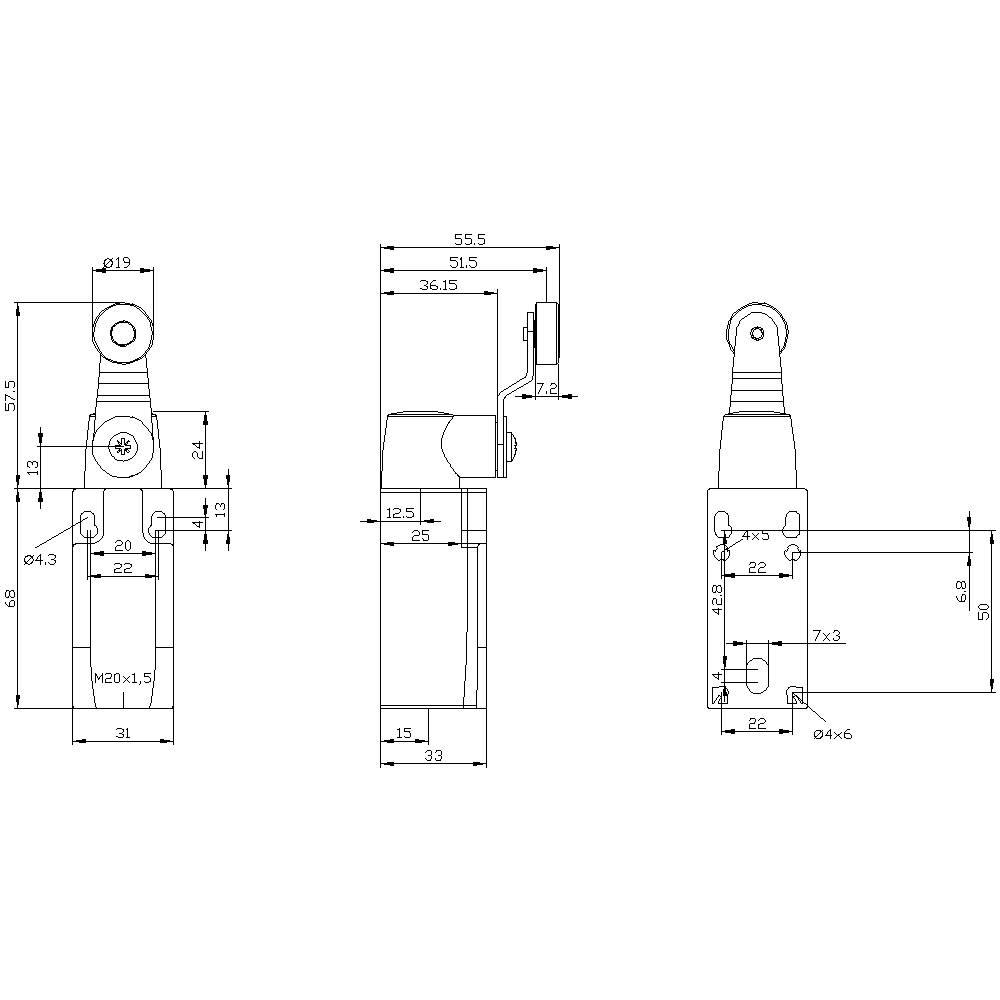 Technical drawing of a mechanical component with three views: front, side, and top view. Dimensions and thread specifications are included.