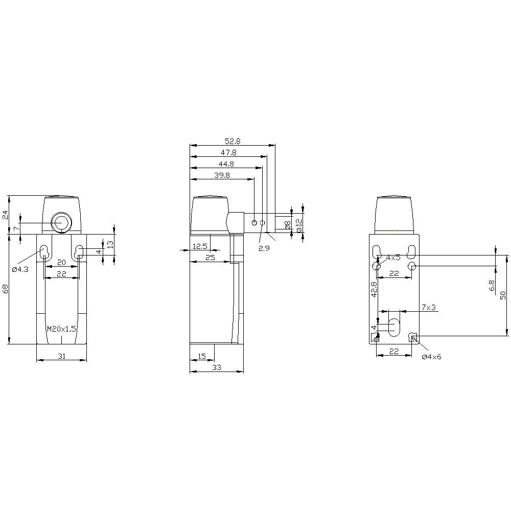 Technical Drawing: Three Views of a Component with Detailed Dimensions in Millimetres. Includes Front, Side and Rear View.