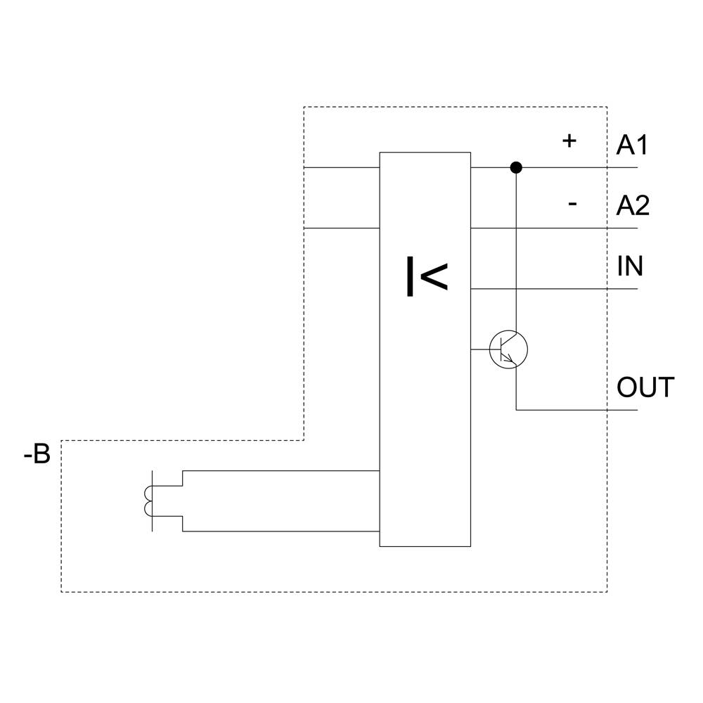 Circuit diagram of an electronic component with connections A1, A2, IN and OUT. The component is arranged in a circular diagram.
