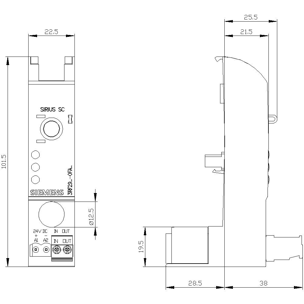 Technical drawing of a Siemens SIRIUS switching device with side and front views, showing dimensions and electrical connections.