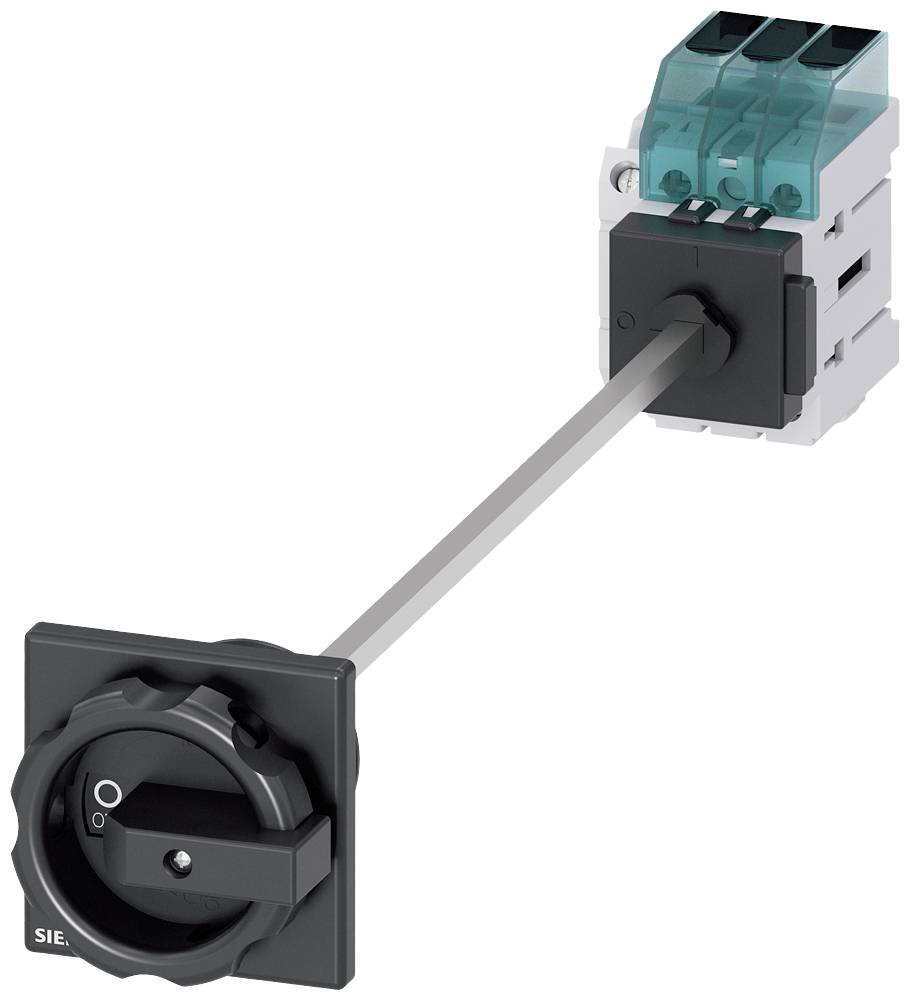 A switch with a rotary handle on a long rod, connects a switching unit with attached cable terminals in blue and grey.