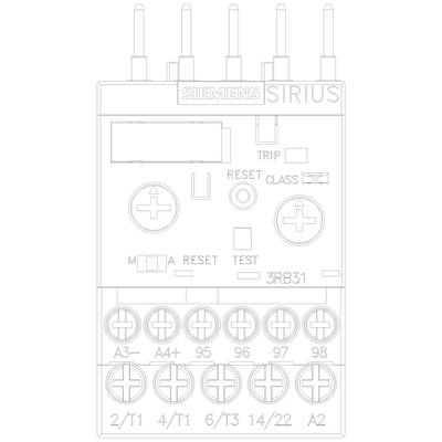 Drawing of a Siemens Sirius device with connections at the top and bottom, buttons in the centre, labels and symbols on the front.