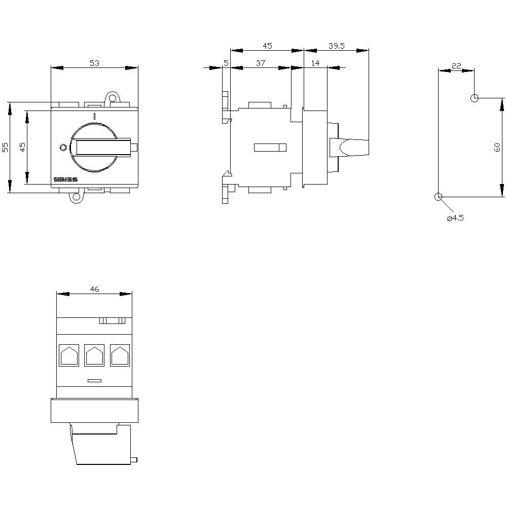 Technical drawing of a switch with detailed dimensions in millimetres. Front, top, and side views.