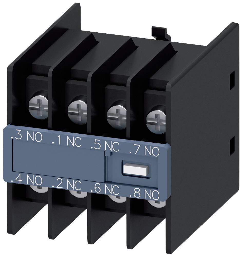 'Contactor auxiliary contact block with four screw terminals. Labelling: NO contacts 3, 5, 7 and NC contacts 1, 2. Push button on the right at the front.'