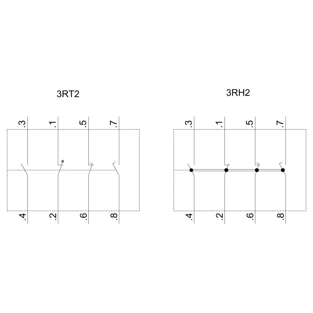 The image shows two circuit diagrams: On the left '3RT2' with five terminal designations, on the right '3RH2' with identical terminal numbers.