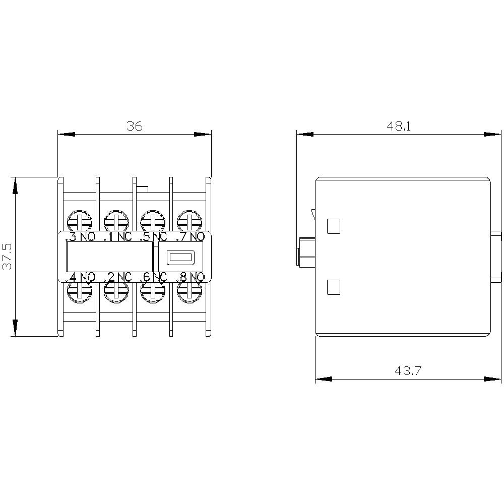 Technical drawing of an electrical relay with dimensions: width 36 mm, depth 48.1 mm, height 43.7 mm. Wiring terminals are marked.