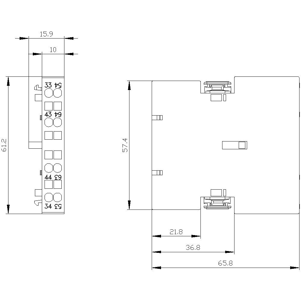 Technical drawing of an electrical component with dimensional specifications in millimetres, front and side view.
